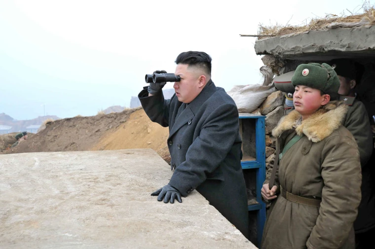North Korean citizens walking cautiously, aware of being monitored by state surveillance.