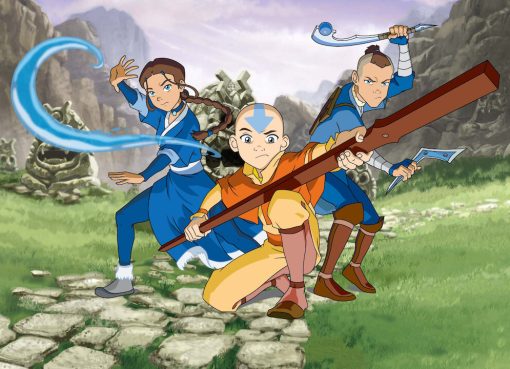 Avatar Aang performing airbending techniques in a vibrant setting